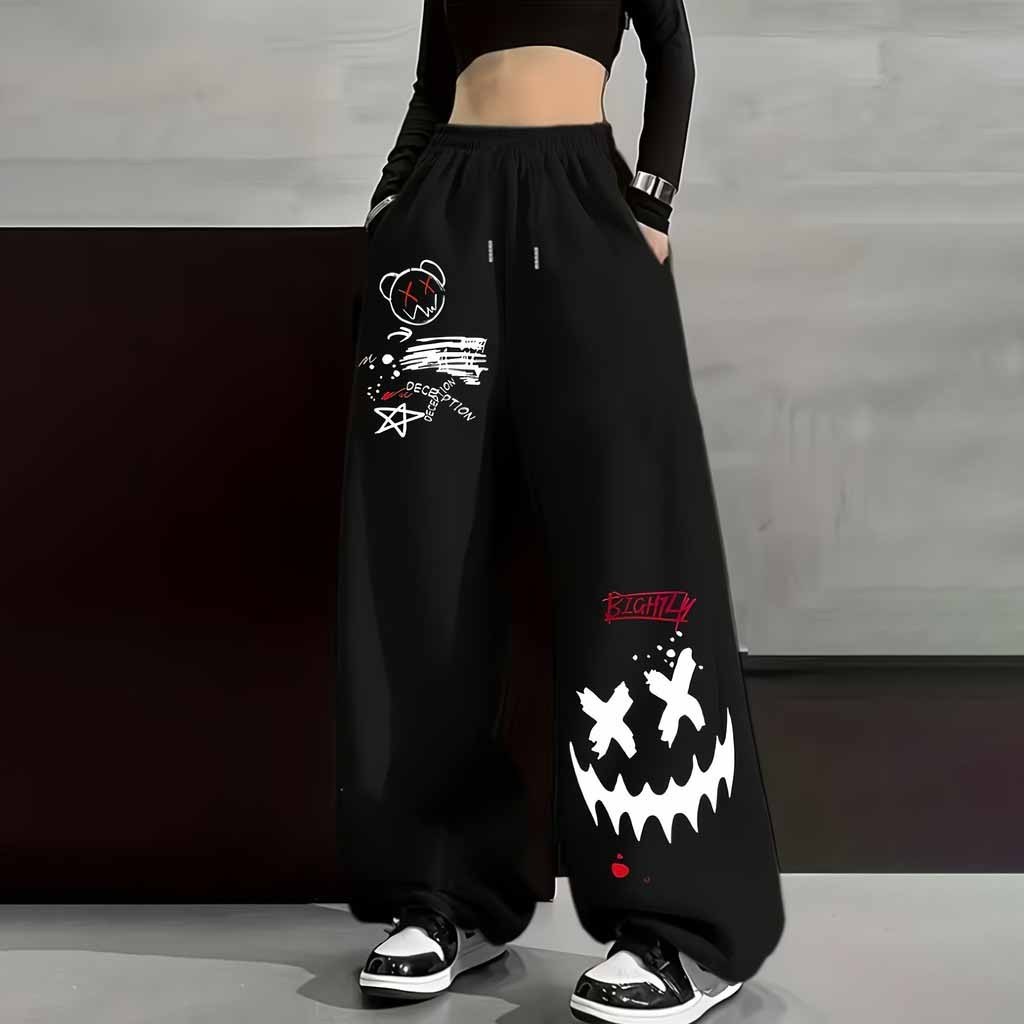 Calça Wide Leg Estilo Hip-Hop Graffiti Urso Smile Carinha Premium Baggy Y2K Street Moletom