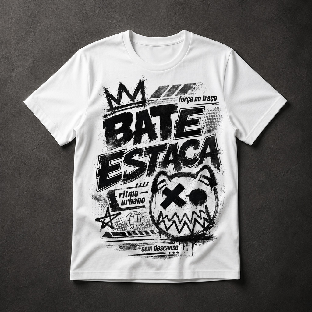 Camiseta Bate Estaca Força no Traço Ritmo Urbano Street Wear Graffiti Hip Hop