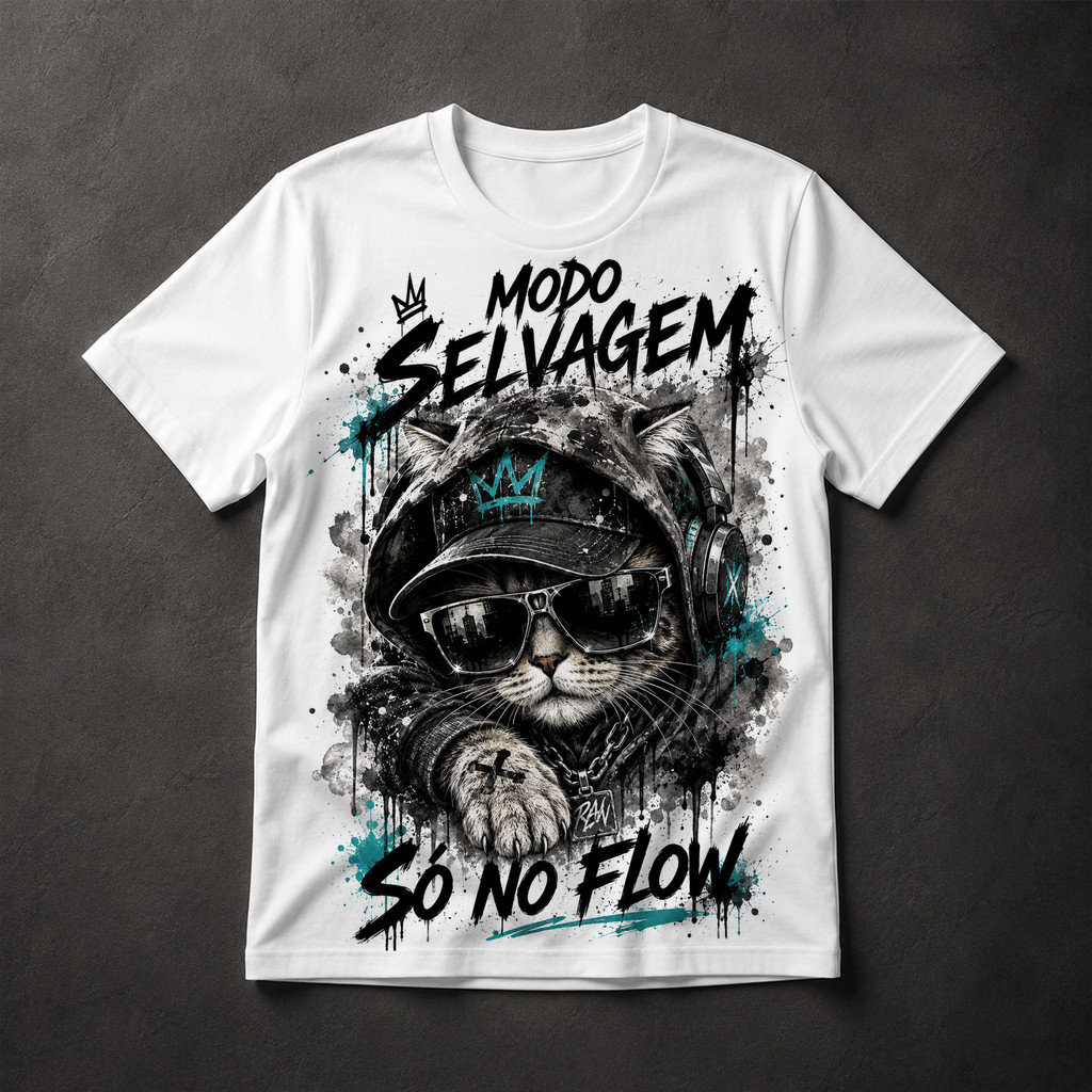 Camiseta Masculina Gato Modo Selvagem Só No Flow Street Swag Graffiti Hip Hop Estilosa