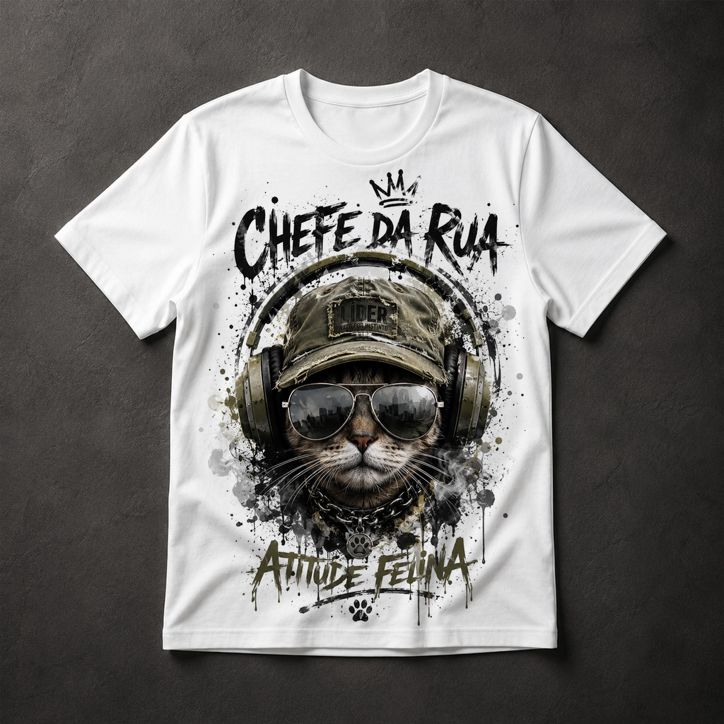 Camiseta Masculina Gato Chefe da Rua Atitude Felina Street Graffiti Estilo Urbano Hip Hop