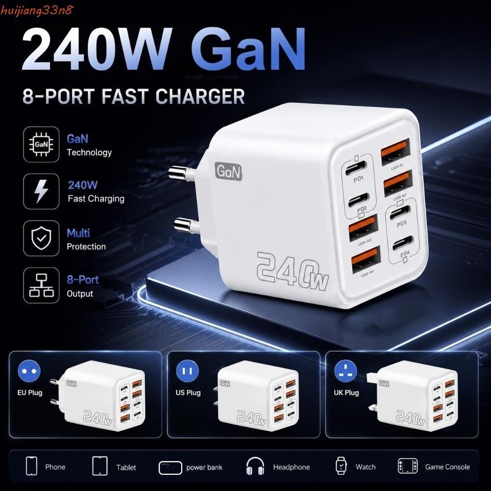 Adaptador De Carregador De Parede , 4 Portas USB 240W Power C Charger Head , 8 QC 3.0 GaN Adapter