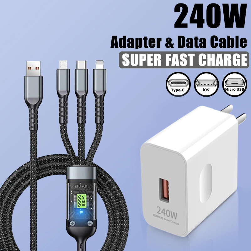 3 Em 1 Cabo Trançado Carregador Super Rápido 240W Adaptador USB Para Android Tipo C Adaptadores Micro IOS CV04