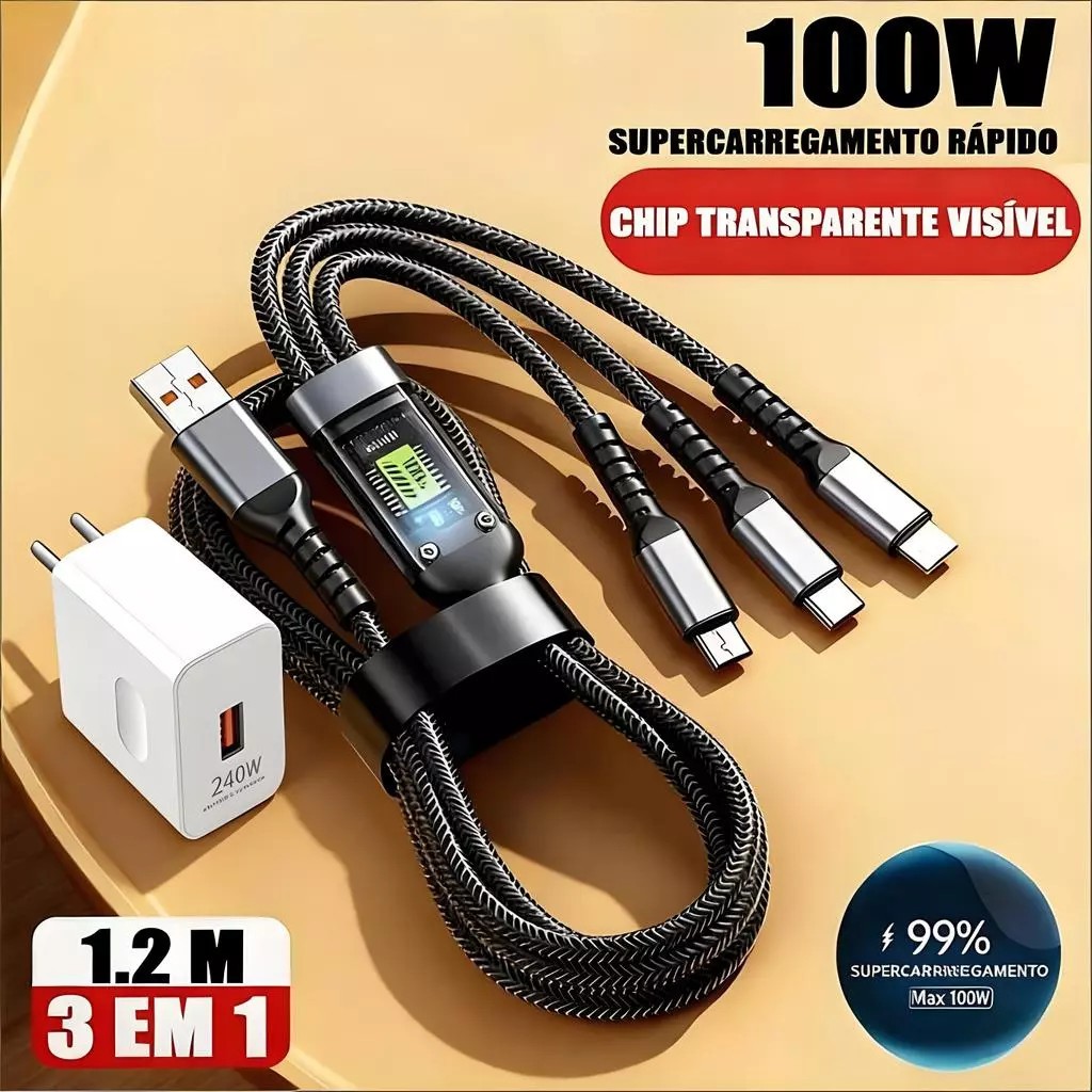 Cabo De Dados 3 Em 1 Adaptador De Carregador De Carregamento Rápido 240W USB Para Android Type C Micro IOS De Material T