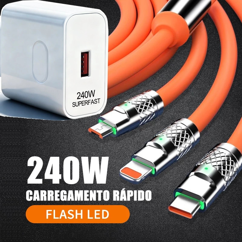Cabo De Dados 3 Em 1 De Carregamento Rápido 1.2M Micro USB Tipo-C iOS Multi-Porta 240W Adaptador Flash Led Cabos Para Ca