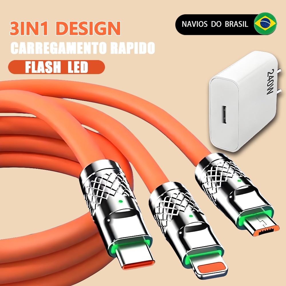 Cabo De Dados De Carregamento Rápido 3 Em 1 Para Adaptador De Carregador Type C Micro USB iOS Data Line 240W