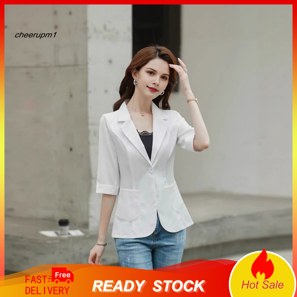 Classic Women Suit Coat Summer Jacket Women’s Thin Breathable Blazer with Lapel Collar 3/4 Sleeve Button Placket Solid