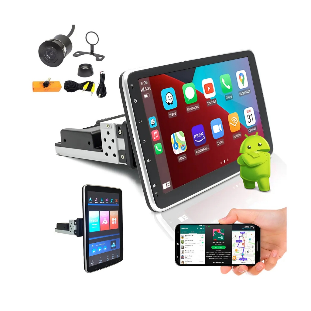 Central Multimídia 1 Din e-tech 10 polegadas combat rotate Mp5 rotativa espelhamento Android Auto Car Play sem fio