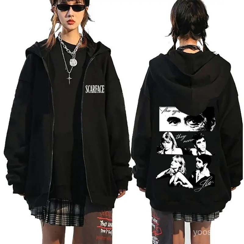 90s Classic Gangsters Movie Scarface Zipper Hoodie Tony Montana Al Pacino Eyes Graphic Zip Up Jacket Men Oversized Stree