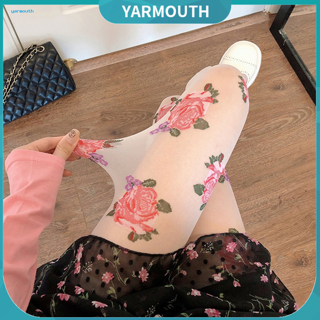 Transparent Stockings Rose Printing Women’s Ultra-thin Floral Print Pantyhose High Elasticity Sheer Anti-slip Hosiery