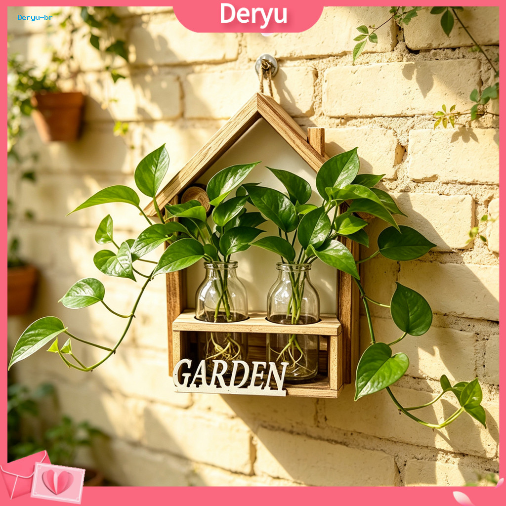 Rustic Wood Frame Wooden Wall Mounted Planter with Glass Tubes – Hydroponic Plant Display Shelf for Room Balcony Home