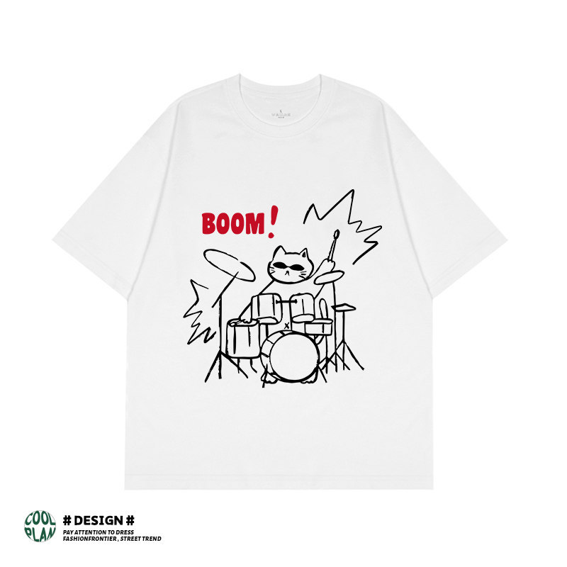Criativo pintado à mão Rock Rack tambor gato americano camiseta das mulheres dos homens solto de manga curta rua Wear ni