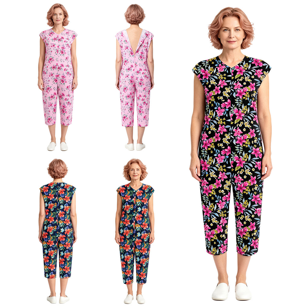 inhzoy Women Special Needs Pyjamas V-neck Sleeveless Back Zipper Print Jumpsuit Bodysuit for Nursing Homes Hospitals