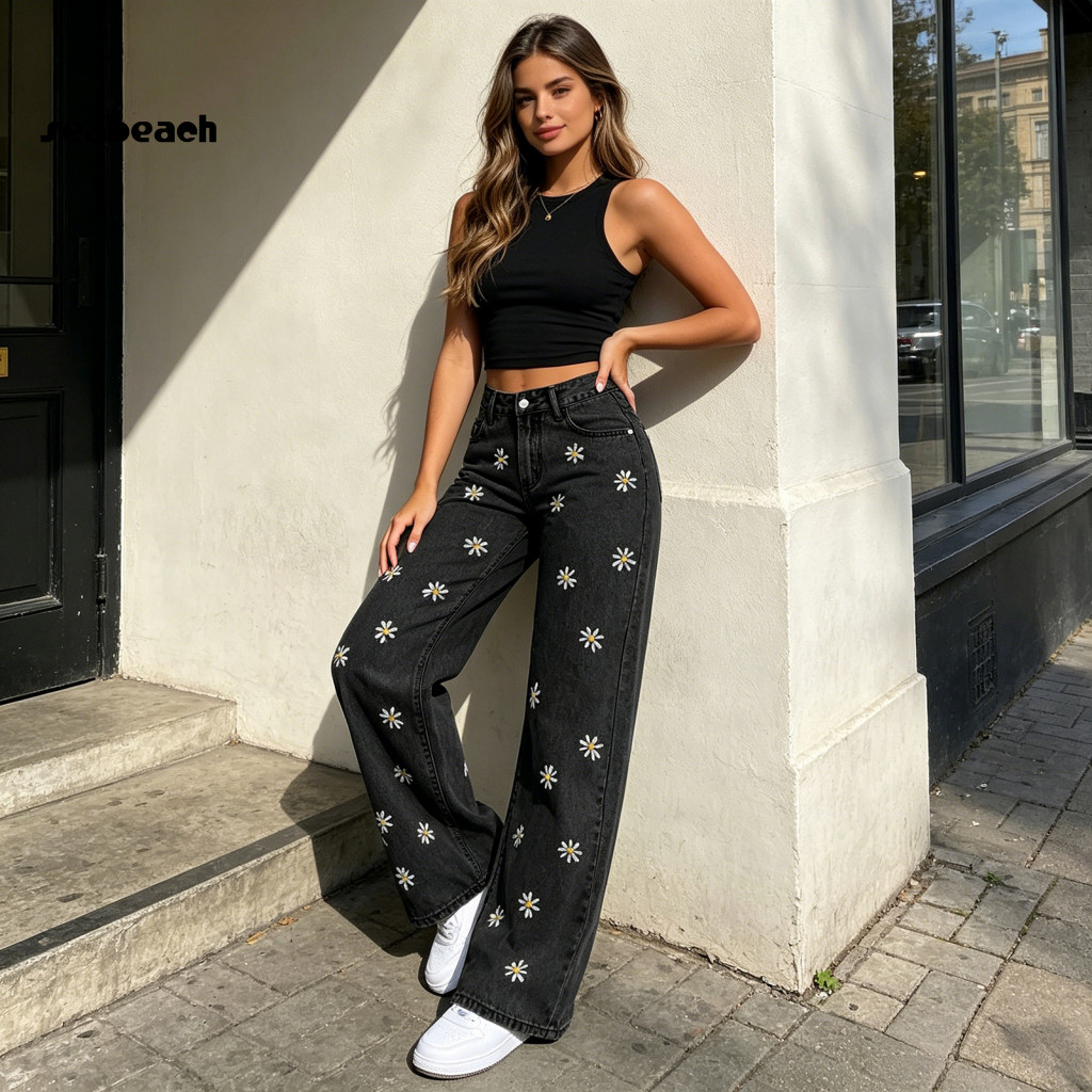 Autumn Denim Trousers Women Jeans Girls' Bow Cherry Print Wide Leg Baggy Mid Waist Elastic Casual Pants with Zipper Fly