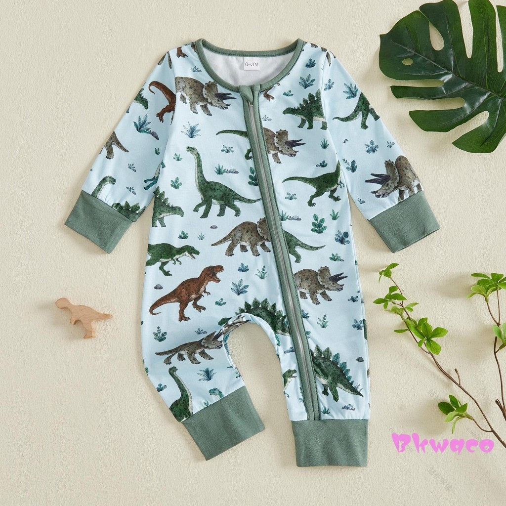 Macacão Bkw-Baby Boy Fall Zipper Fun Dinosaur Print De Manga Comprida