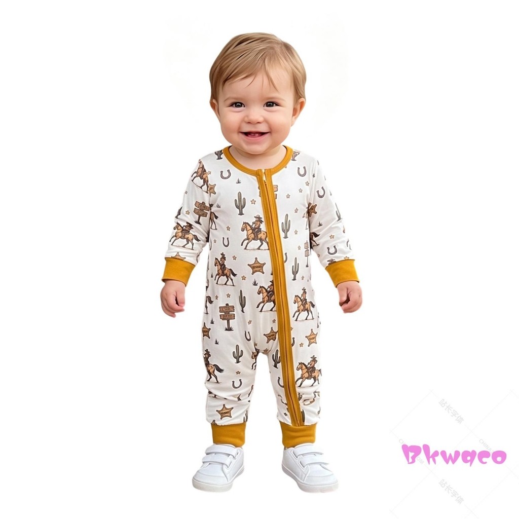 Bkw-Baby Western Zipper Romper Cowgirl Cactus Horse Print Macacão De Manga Comprida