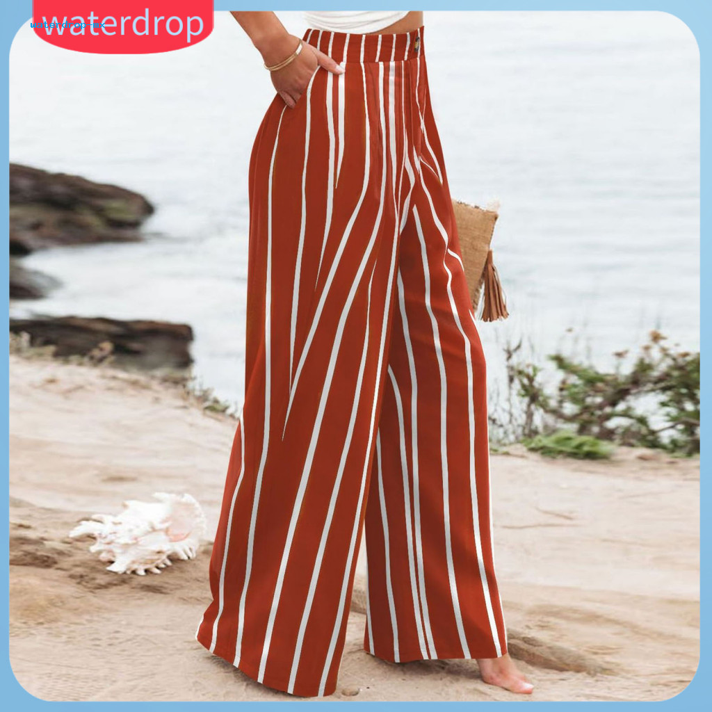 Women’s High Waist Wide Leg Trousers Striped Print Long Pants with Button Zipper Fly Straight Fit Casual Office Wear f