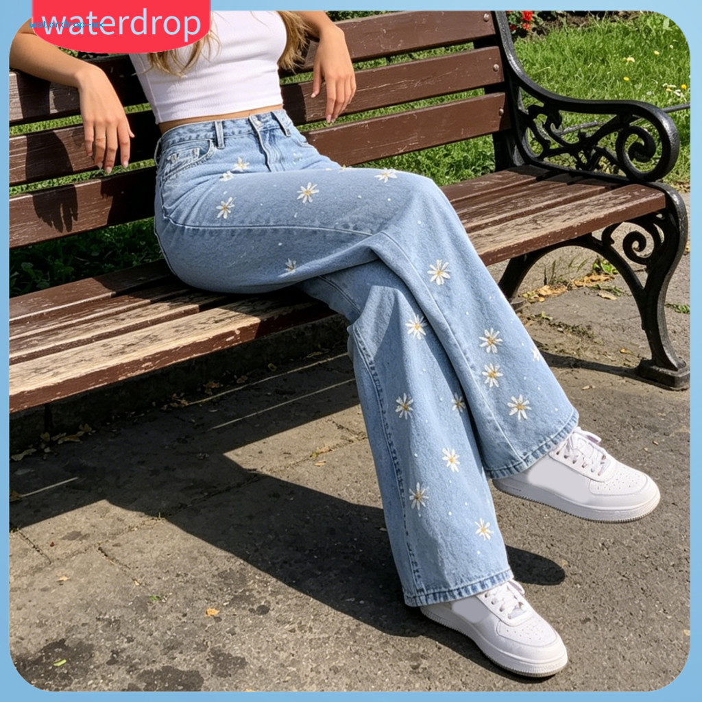 Girls' Bow Cherry Print Wide Leg Baggy Jeans Mid Waist Elastic Casual Denim Pants with Zipper Fly Pockets Trendy Streetw