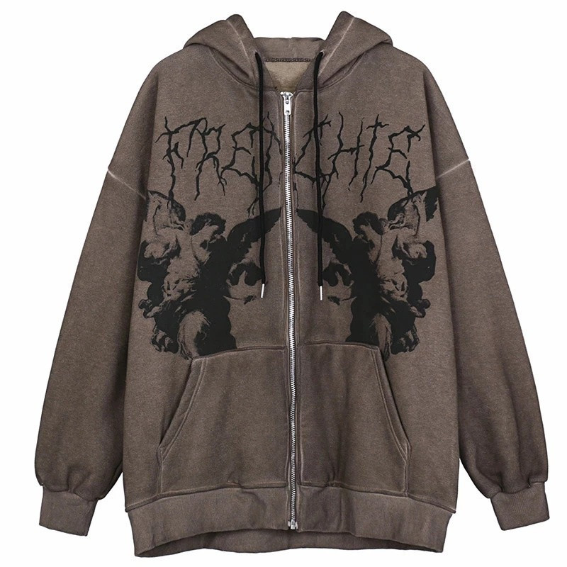 Y2K Vintage Dark Angel Print Hoodies , Roupas Masculinas Femininas , Capuzes Estilo Hip Hop Estética Grunge Com Zipper S