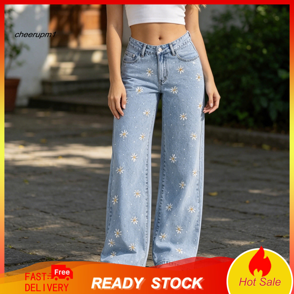 Slim Fit Jeans Women Versatile Denim Pants Girls' Cherry Print Bow Baggy Wide Leg Mid Waist with Zipper Fly Elastic Casu