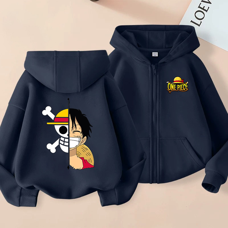 Anime Cartoon Print One Pieces Zipper Hoodie Crianças Manga Longa Luffy Zoro Moletom Com Capuz Casual Tops