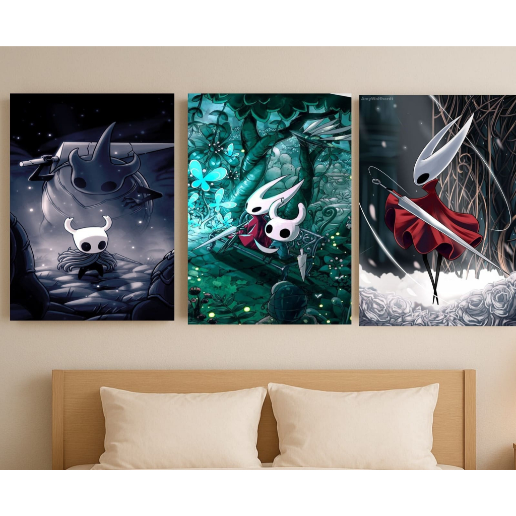 Kit com 3 quadros decorativos em MDF 20x28 com dupla face inclusa – Hollow Knight game decoração gamer dark
