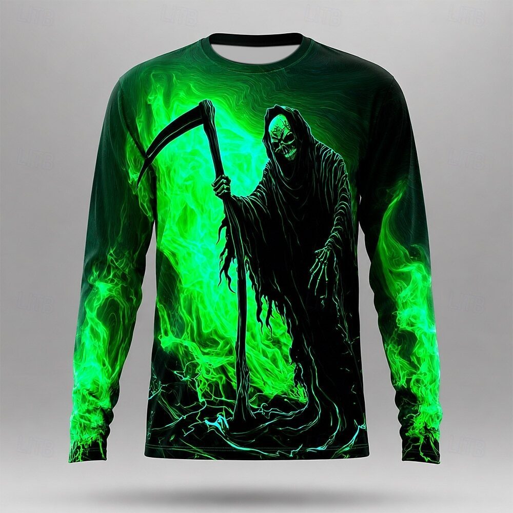 Camiseta Masculina De Manga Comprida Grim Reaper 3D Com Estampa Completa Death Skeleton Scythe Graphic Crew Neck Gótico