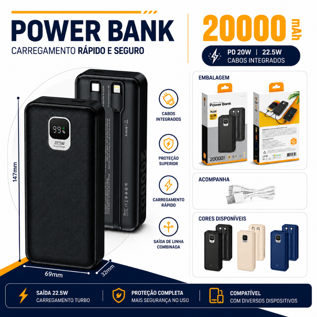 Power Bank Basike 20000mAh Com Cabos Integrados Para iPhone e Android