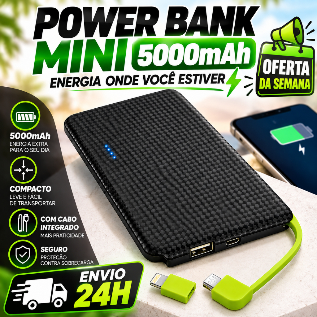 Power Bank 5000mAh Portátil Mini Carregador de Celular com Cabo Integrado Indicador LED USB para iPhone e Android