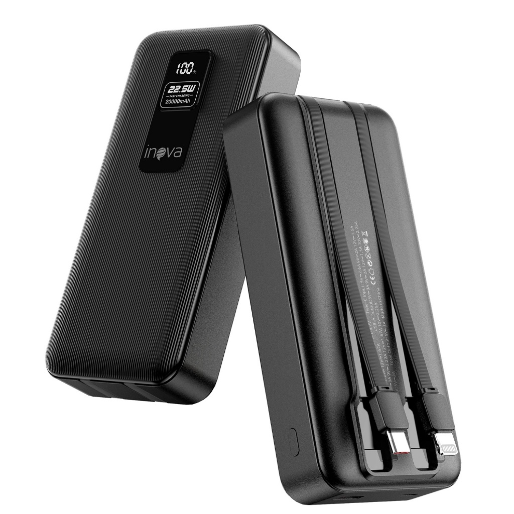 INOVA Power Bank 20000mAh Carregador Portátil 22,5W PD com Cabos Integrados, Display Digital para iPhone Android