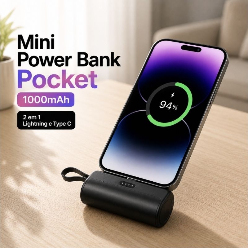 Mini carregador Portátil Power Bank 10000Mah - iPhone, Android | Preto
