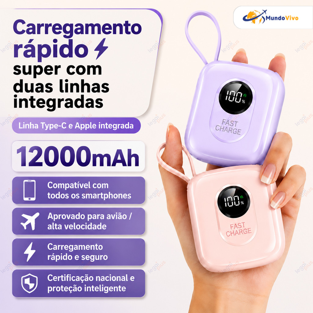 Power Bank 12000mAh com Tela LED, Cabos Embutidos, Carregamento Rápido, Leve e Portátil para iPhone e Android
