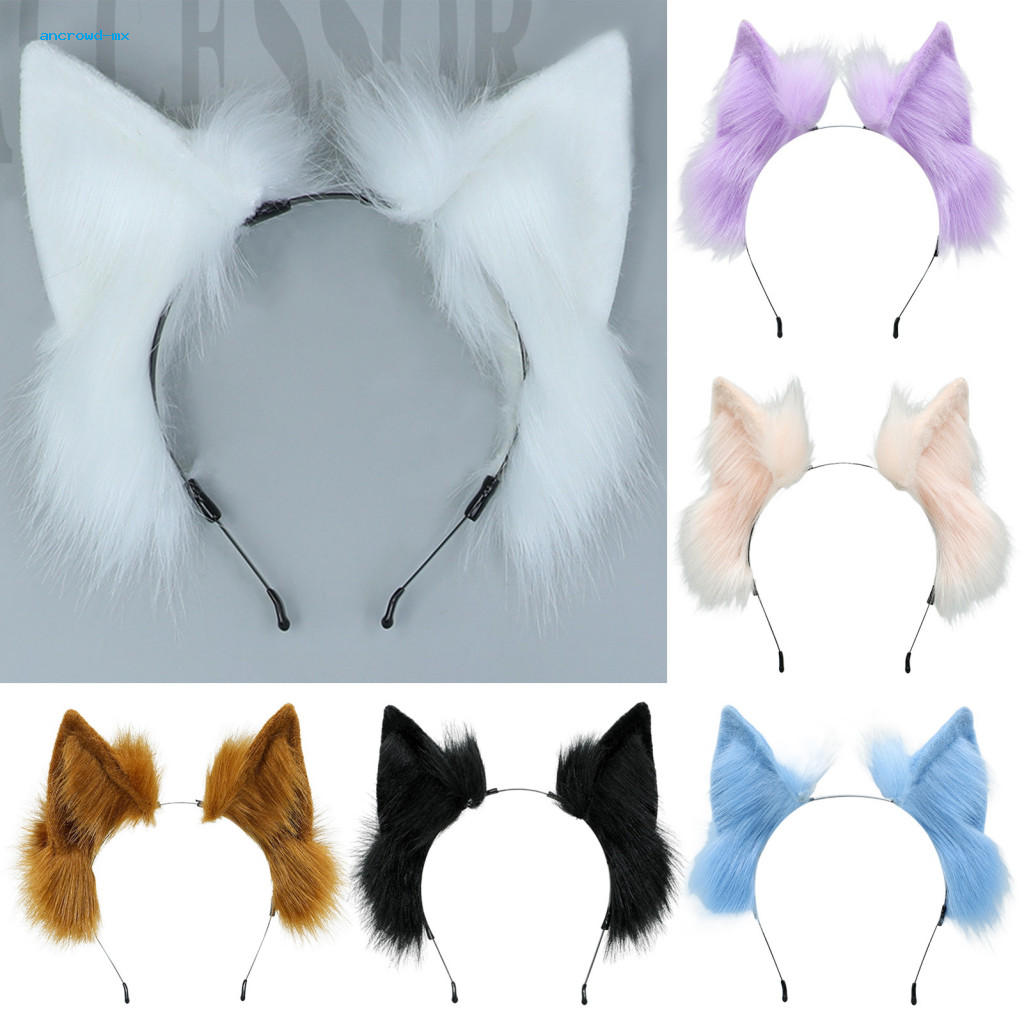 Handmade Plush Headband Kitty Costume Accessory Cat Ear Elastic Hair Hoop Faux Ears Metal Frame Bendable Headgear Hallow