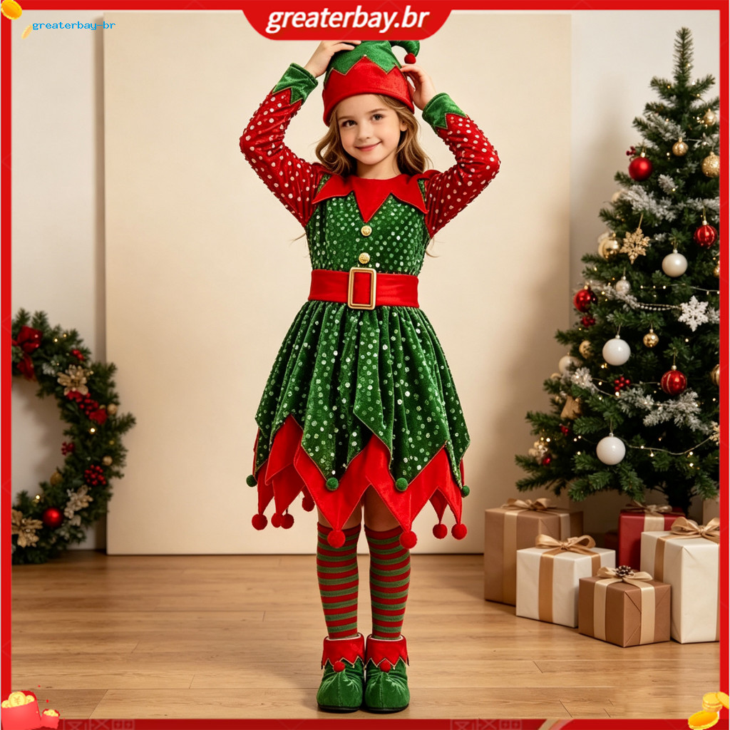 Girls Christmas Elf Costume Set – Sequin Dress Pointed Hat Striped Socks Shoe Covers Holiday Party Cosplay Outfit for