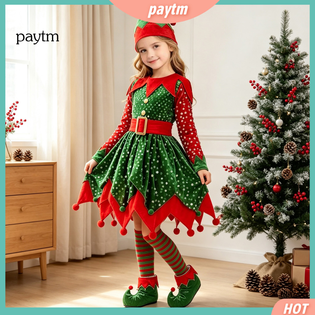 Breathable Elf Dress Holiday Party Girls Christmas Costume Set – Sequin Pointed Hat Striped Socks Shoe Covers Cosplay