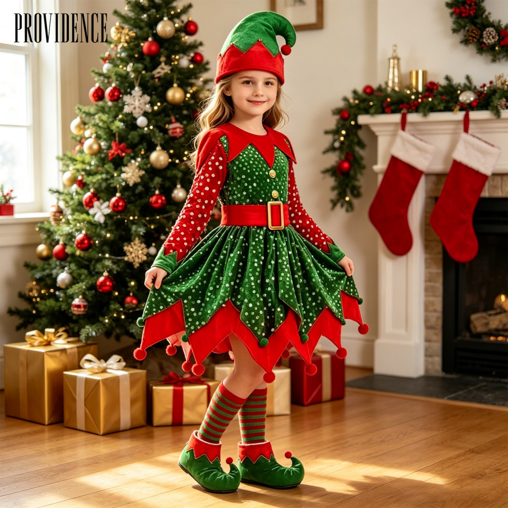 Kids Christmas Elf Costume Girls Outfit Set – Sequin Dress Pointed Hat Striped Socks Shoe Covers Holiday Party Cosplay