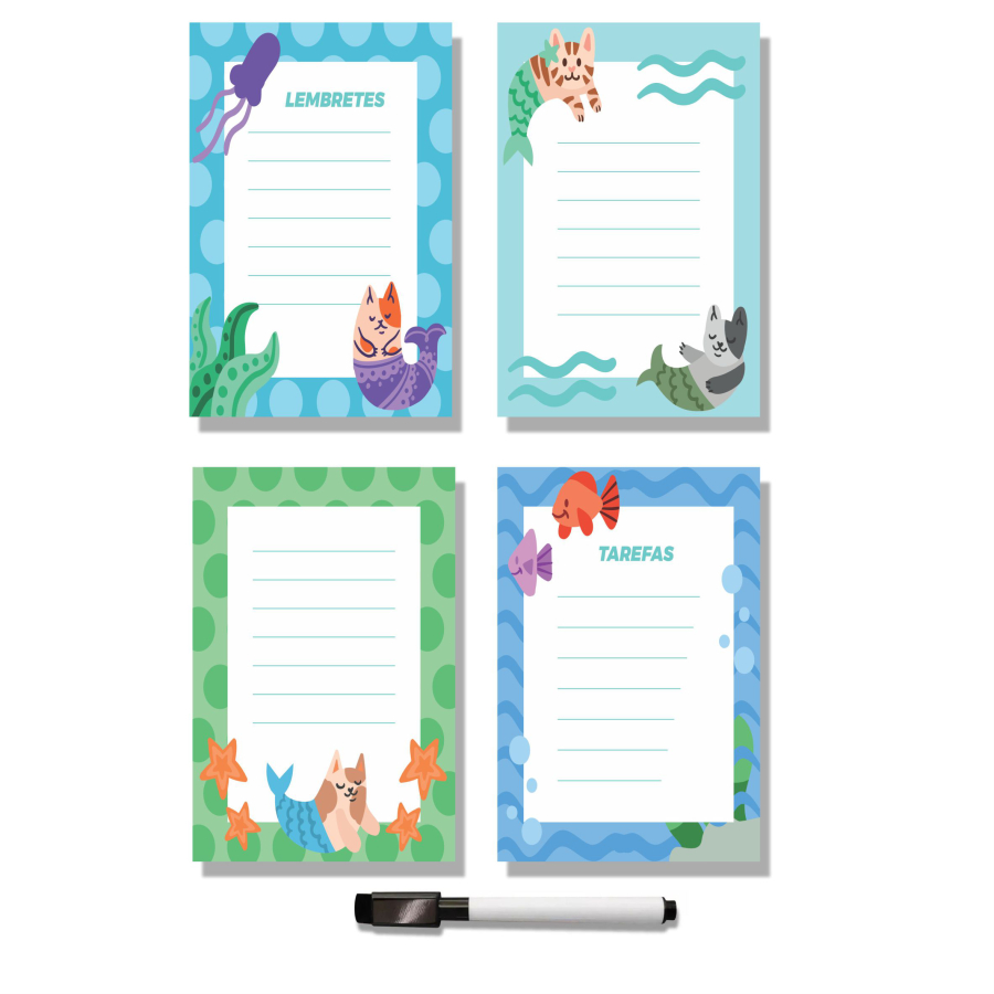 Kit 4 Lousa Magnético Quadro Branco Bilhete Recado Anotações PARA GELADEIRA APAGA FÁCIL-Sereia