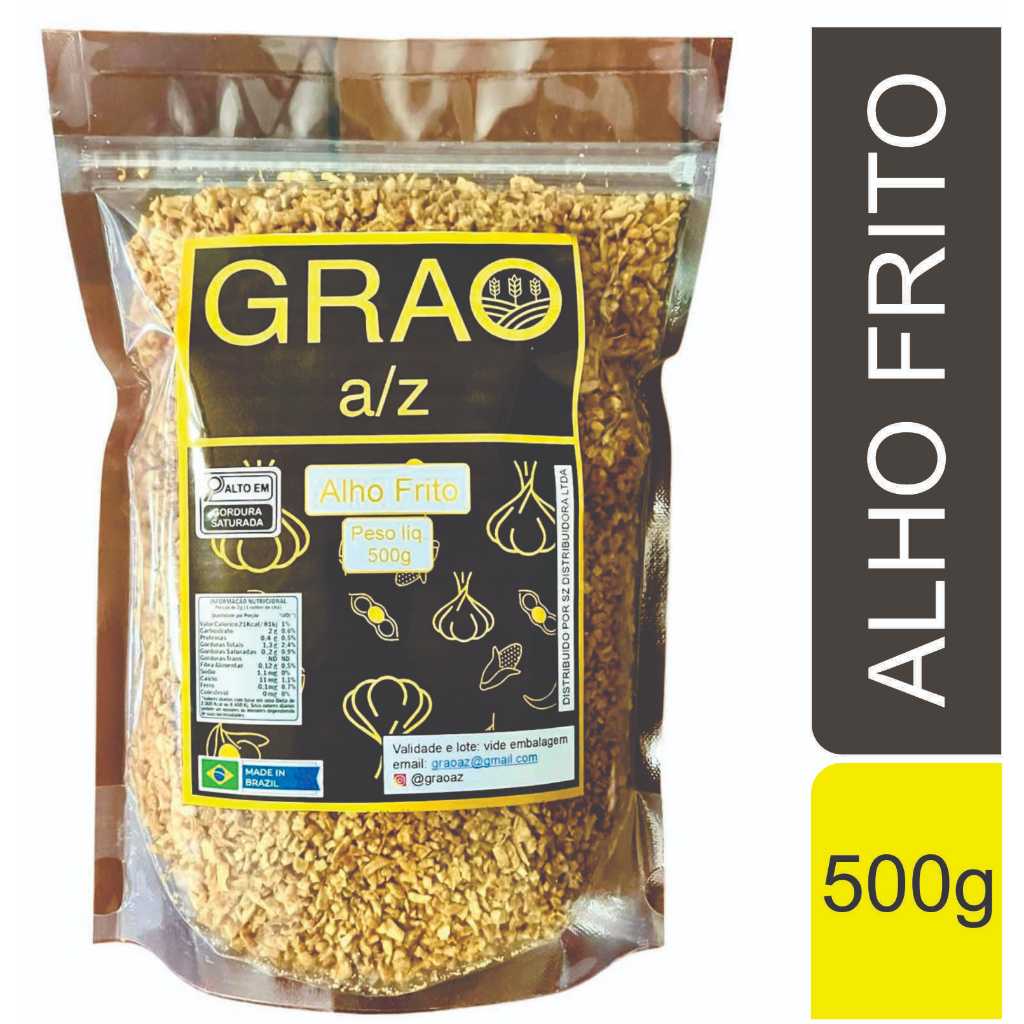 Alho Frito Granulado Premium 500g Saco Stand Up Pouch com Ziplock abre fecha fácil