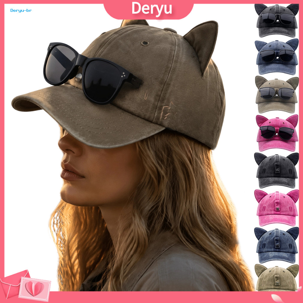Retro Washed Baseball Cap Party Style Street Hat Cat Ear Trucker with Detachable Sunglasses Adjustable Uv Protection Pil