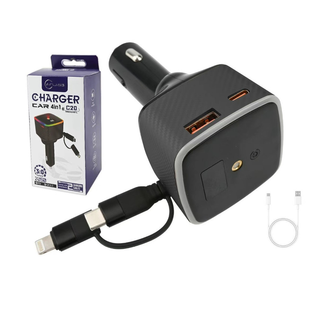 Carregador Veicular 4 Em 1 Turbo Cabo Retrátil iPhone Tipo C E 2 Usb Carregamento Rápido 12v/24v