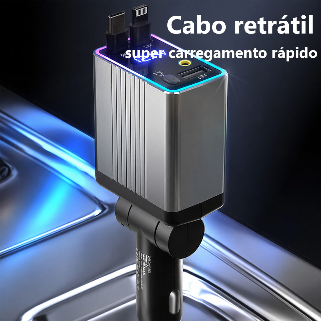 Carregador de carro retrátil carregador rápido de para carro 4 em 1 para iPhone/Android com luz LED