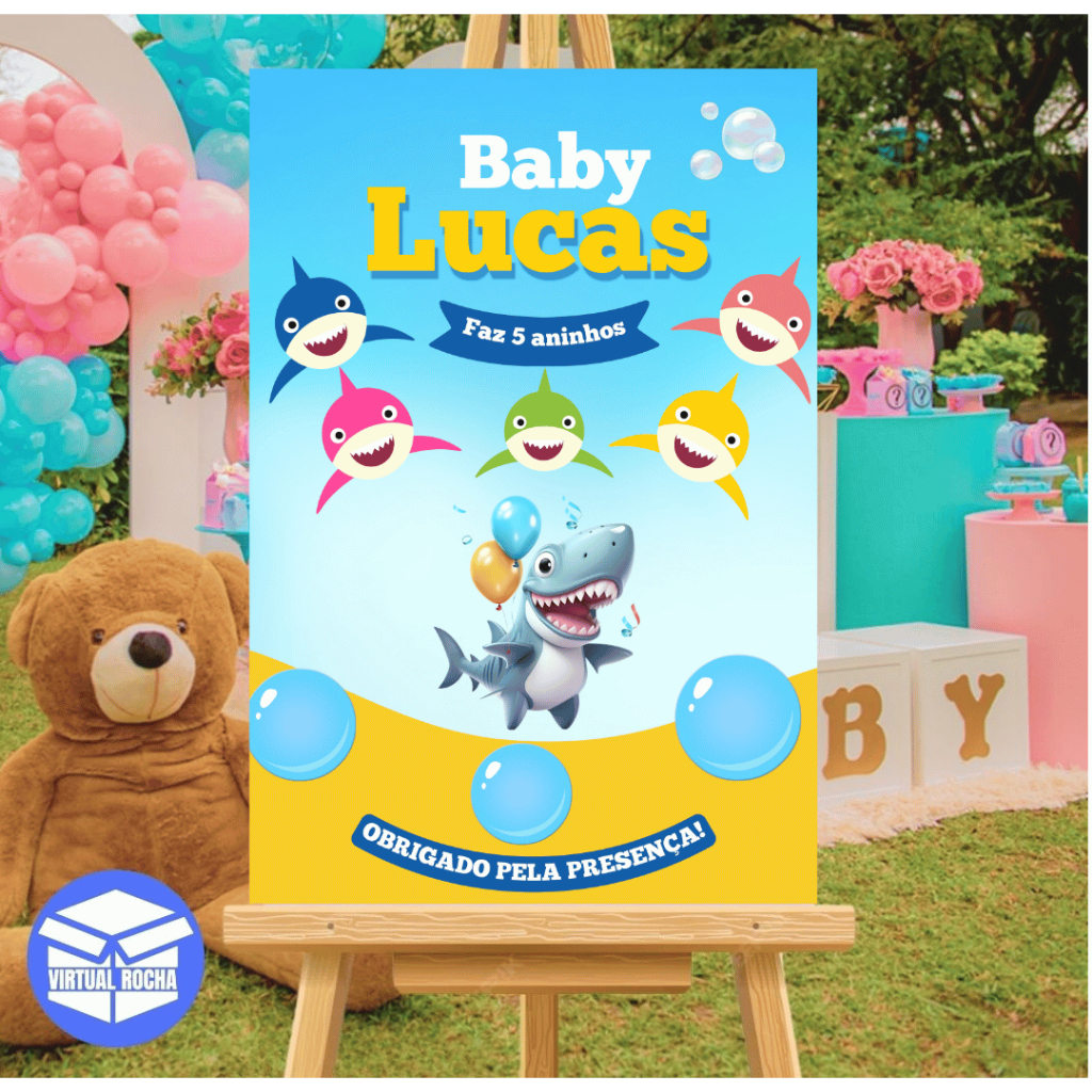Quadro Decorativo Aniversário Infantil Festa Tubarão Shark Cute Azul Menino MDF