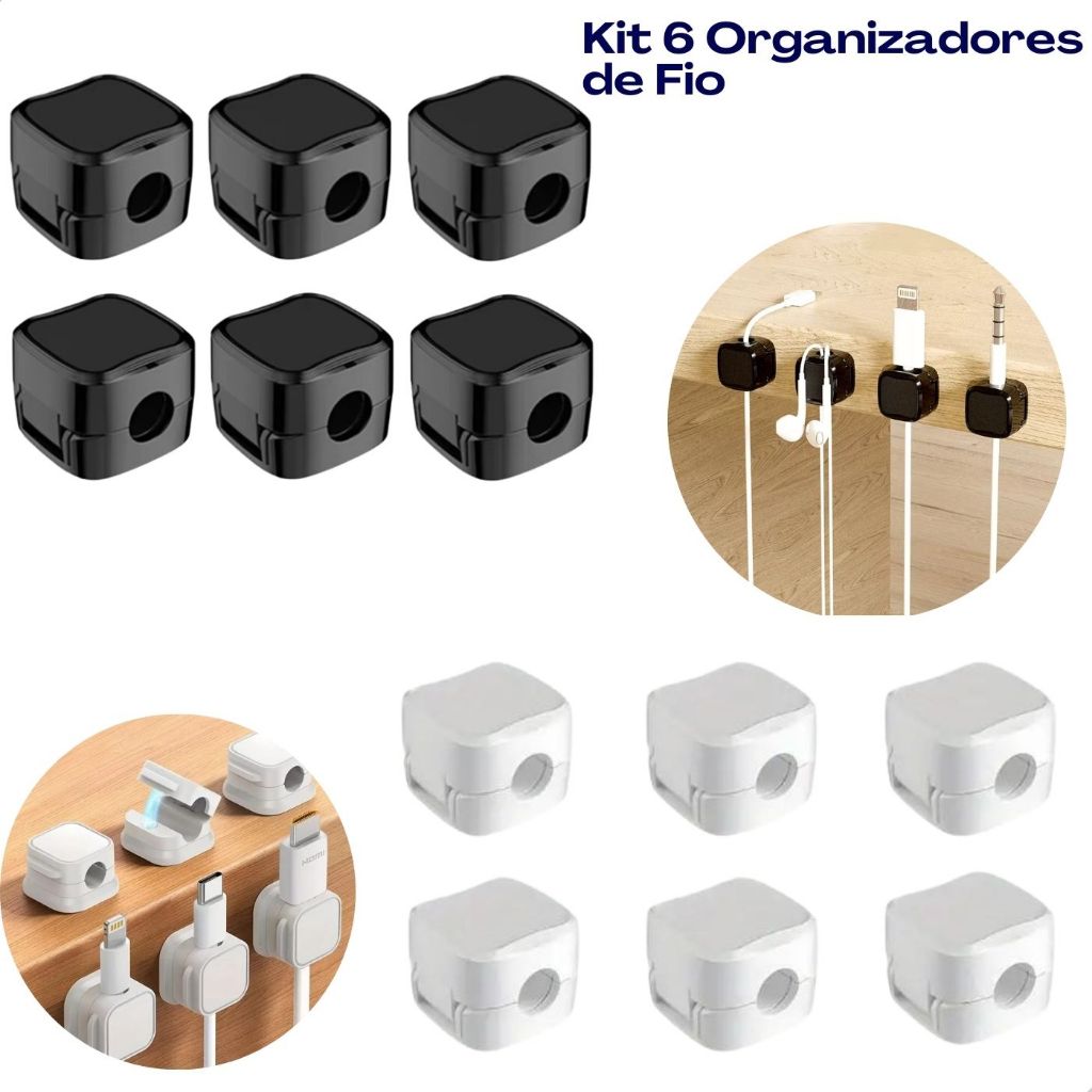 KIT 06 Clips Organizadores de Cabos e Fios Magnéticos Com Adesivo