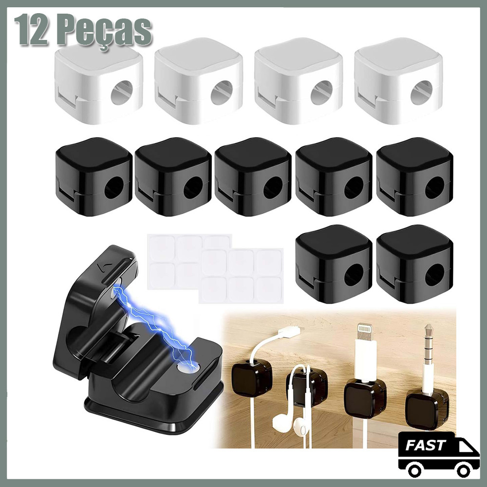 Kit 12 organizador magnético fixador de fios e cabos autoadesivo Preto Branco