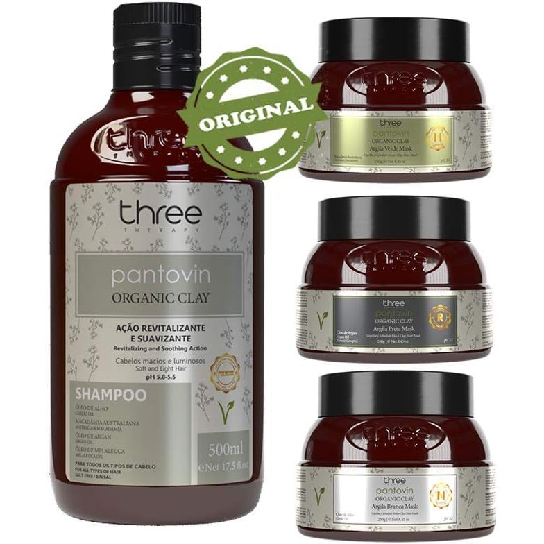 Kit Pantovin Cronograma Organic Clay Shampoc500ml + Argilas Branca/Verde/Preta 250g Three Therapy