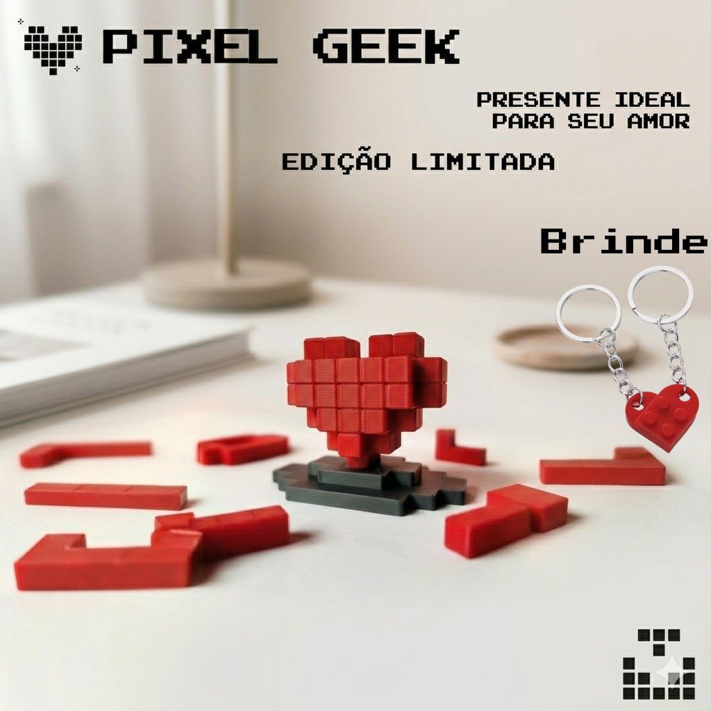 Coração Geek Montável Presente Criativo Dia dos Namorados Dia das Mães, Decoração Gamer Minecraft Pixel Art + Brinde