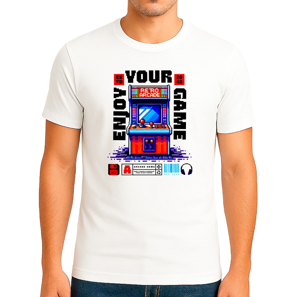 Camiseta Masculina Geek Your Game – Arcade Retrô Pixel Art em Algodão Premium