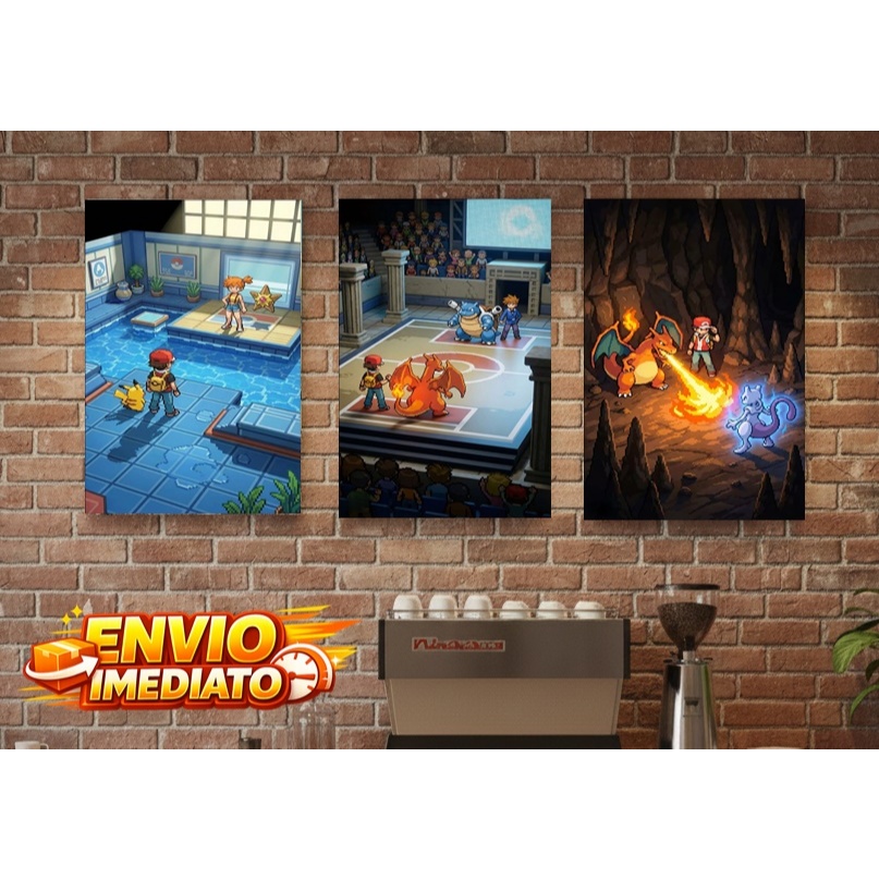 Kit 3 Quadros MDF 20x28 Pixel Art Pok3m0n Batalha Gamer Dupla Face Premium