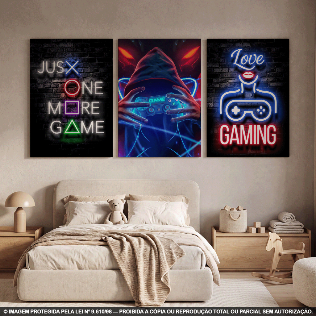 Kit 3 Quadros Decorativos Gamer Neon | Controle, Jogador e Frases Gaming | Decoração Quarto Gamer em MDF 3mm