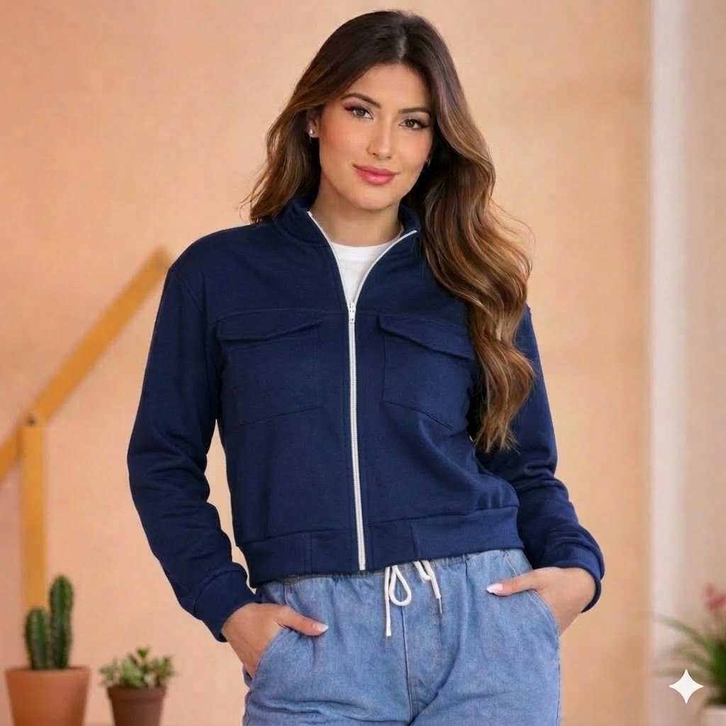 Jaqueta de Moletom feminina Manga Longa Com Zipper