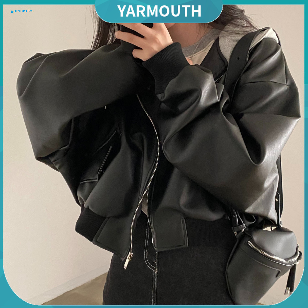 Motorcycle Style Jacket Women Faux Leather with Hood Women’s Zipper Closure Drawstring Waist Elastic Cuffs – Retro f